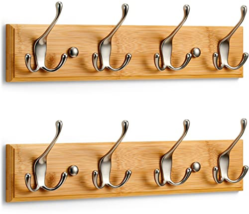 LARHN Wall-Mounted Coat Rack (2 Pack) - 4 Matt-Nickel Triple Coat Hooks for Wall on Stylish Wooden Bamboo Base – 42 cm - All Fixings Included