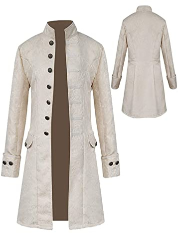 Halloween Costume Men's Steampunk Coat, Men's Gothic Medieval Carnival Jacket, Victorian Frock Coat Uniform Tuxedo Retro Long Button Clothing (White, XL)