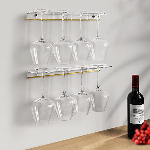 KOLYMAX 2 Pcs Clear Wine Glass Holder Wall Mounted, Acrylic Wall Bar Shelf, Floating Bar Shelves for Wine Bottles