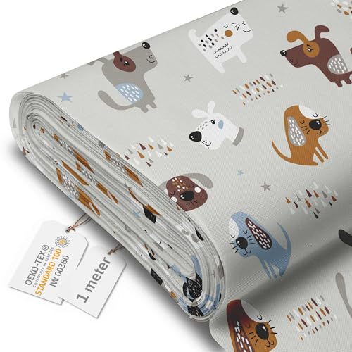 DreamRoots Markisenstoff Meterware, Funny Dogs, 1 m | Oxford Segeltuch wasserdicht, Polsterstoff, 220 g/m² 600D, 160 cm breit, Kinderstoff, für Deko & Nähen