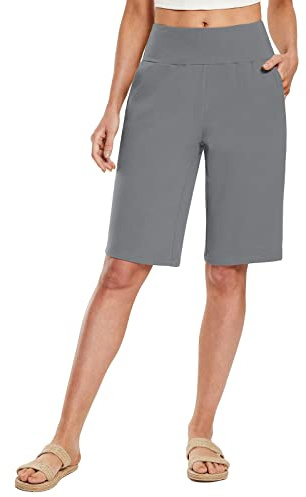 baleaf Bermuda Long de 30,5 cm pour Femme - Taille Haute - Longueur Genou - en Coton - avec Poches - Décontracté - pour Le Travail et Le Salon