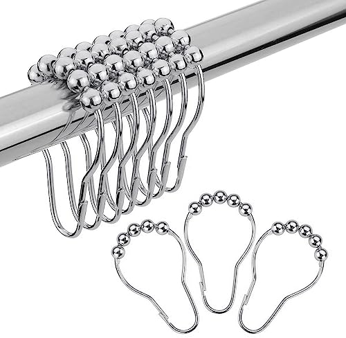 Lkw Ogechi Duschvorhangringe Duschvorhanghaken 12er-Pack für Badvorhangstangen, Rostfreie Edelstahl-Rollenkugeln Duschvorhang Haken, Silber (Silber)