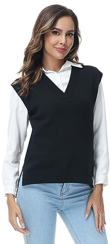 MODFUL Pull en tricot sans manches avec col en V pour femme, Noir , XL