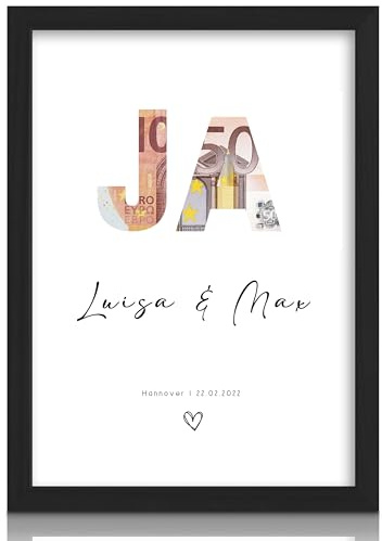 Milaboo® personalisiertes Geldgeschenk Hochzeit - JA ausgestanzt zum Geldverschenken mit Rahmen auf Hahnemühlen Papier Made in Germany A3 A4 A5 Poster im braunen Umschlag