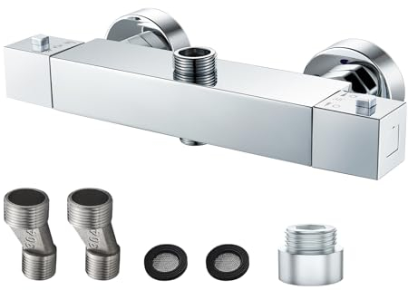 ROWINNAO Grifo Ducha Termostático, Grifo Termostatico Ducha con el Botón de Seguridad 38 ℃, Cuadrado Grifo de Ducha de Latón Cromado de Salida Superior de 3/4, Inferior de 1/2, Montaje en Pared