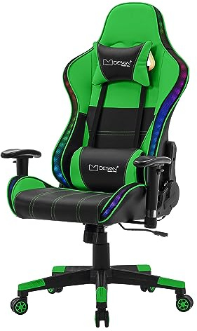 ML-Design Gaming Stuhl mit RGB LED-Beleuchtung & Bluetooth-Lautsprechern, Grün, Kunstleder, Ergonomischer Bürostuhl, Hohe Rückenlehne, Kopfstütze, Lendenkissen, drehbar-verstellbar, Racing Gamer Stuhl