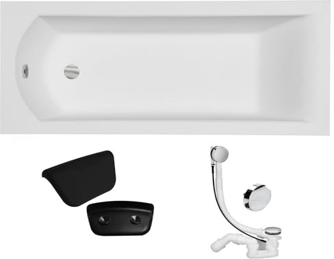KOLMAN Badewanne SHEA Rechteck 150x70 ohne Verkleidung + Kopfstütze, Ablaufgarnitur und Füßen Komplettset 4in1 Kompatibel mit Ablaufgarnitur Original Acryl Wanne Siphon