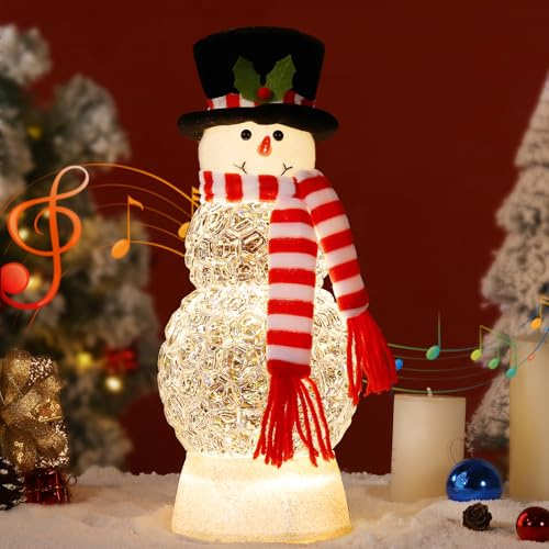 Lewondr Musikalische Weihnachtsschneekugel, Beleuchteter Schneemann mit Gestreifter Schal, Glitzer&8 Lieder&Timer, Batteriebetriebene Singende Weihnachtsschneelaterne für Heimdekoration Xmas Geschenk