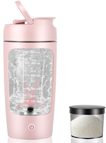 Protein Shaker Elektrisch, 650ML Automatischer Protein Mixer mit Pulverbox, USB-Aufladung Rechargeable Electric Blender aus Tritan, BPA-freie Shaker für Protein-Shakes Mahlzeitenersatz (ROSA)