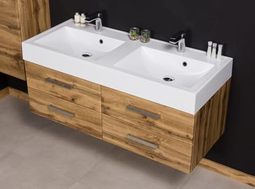 Quentis Badmöbelset ZENO 120 cm Eiche Natur, Doppelwaschtisch mit montiertem Waschtischunterschrank, 4 Softclose Schubladen