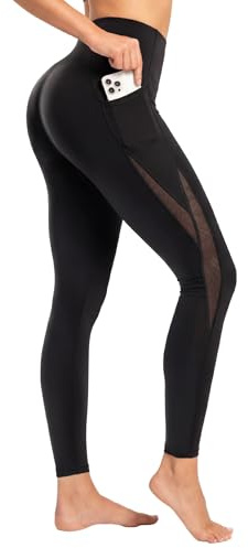 Yvette Leggings Damen Sport mit Tasche & Mesh Blickdicht Atmungsaktiv Lauf Leggings,Schwarz,L