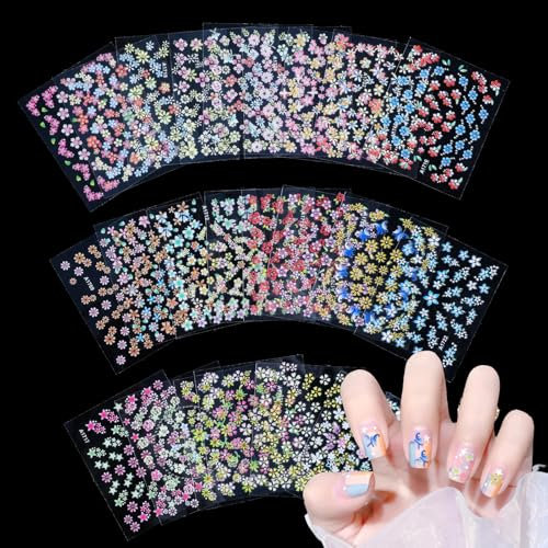Flower Nail Stickers, 24 Sheets Colorful Nail Art Stickers 3D Self-Adhesive Floral Gel Nail Decals Nail Design Stickers Nail Art Decoration Supplies for Women Girls DIY Manicure Accessories