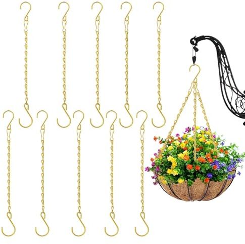 YELYTR 10 Stück Metallkette zum Aufhängen mit S-Haken, Blumenampel Ketten Metall, Metallherzen zum Aufhängen, 29 cm, 5 kg Tragefähigkeit, für Pflanzenhänger, Vogelhäuser, Windspiele (Gold)