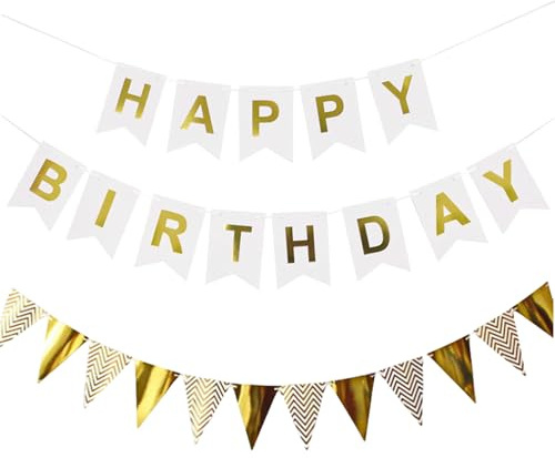 Tourima Geburtstagsdeko, Happy Birthday Girlande Set, Weiß und Gold, Banner mit Buchstaben und Wimpelkette, für Erwachsene und Kinder Geburtstag Party Dekoration