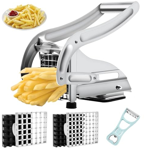 JUSTHERE French Fry Cutter, Potato Slicer with 2 Blades, No-Slip Suction Base and Peeler, Potato Cutter Stainless Steel French Fry Cutter for Potatoes, Carrots, Cucumbers(Not for Sweet Potatoes)