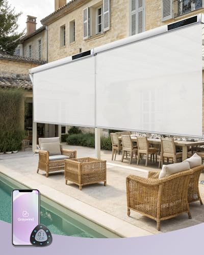 Graywind Electric Outdoor Roller Blind, Vertical Awning, Waterproof UV Protection, Smart Sun Protection Blind, Solar Powered Balcony Roller Blind with Remote Control, Compatible with Alexa Google (100
