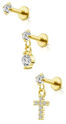 PiercingJak Labret Piercing Gold Helix Ohrstecker Kreuz Zirkonia Edelstahl Ohrringe hypoallerge Ohrring Ohr Klein Tragus Knorpel Stud Piercings Stäbe Stecker 6mm 16g Ohrpiercing Set Modeschmuck