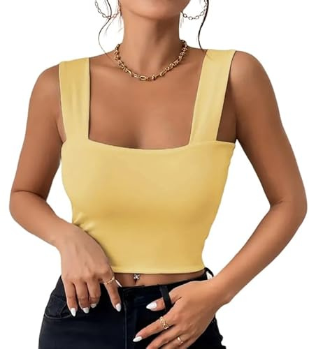 Haibang crop top damer sexig fyrkantig hals linne topp ärmlös linne kort sommar toppar passform korsett topp basic skjorta camisole streetwear, GUL, XS