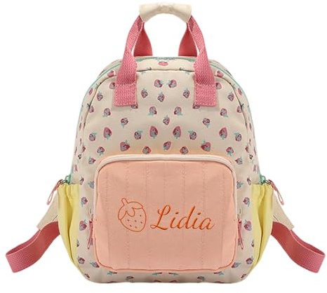 Generisch Personaliserter Kkinder Rucksack mit Sticknamen, Mini Rucksack Kleinkind 23x28cm, Personalisierter Erdbeer-Design Kinderrucksack für Kleine Mädchen 2-5 Jahre