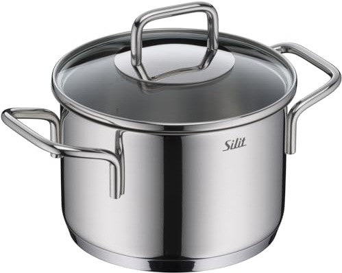 Silit Extra Cook, Kochtopf 16 cm mit Glasdeckel, Innenskalierung, breiter Schüttrand, hochwertiger, spülmaschinenfester Crominox-Edelstahl, Bratentopf klein, optimale Wärmeverteilung, Induktion