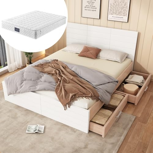 Aunvla Doppelbett Holzbett Bettanlage 140×200cm mit 2 Schubladen,Modernes Bett inkl. Bettgestell &Lattenrost-207×80×145cm (L×H×B) Set in Eiche/Weiß(Mit Matratze)