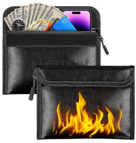 Feuerfeste Tasche 2 Stück Feuerfeste Dokumententasche 8-lagige Wärmedämmung Feuerfeste Geldtasche mit Kartenschlitz,für Wertsachen Passport Dokumente Geld(20,3x12,7cm,Schwarz)