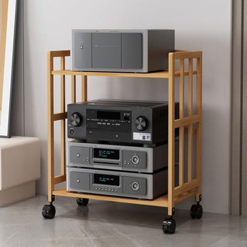 Justerbara Ljud- Och Bildhyllor, Justerbart 3/4-Vånings HiFi-Ställ med Låsbara Hjul, E1 Tjocka Trähyllor och Stålram, öppet Mediastativ för Stereo och Skivor(Beige,3-layer)