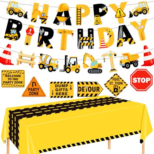 Construction Birthday Banner, Construction Birthday Party Supplies Vehicle Truck Paper Garlands Excavator Birthday Tablecloth for Boys and Girls