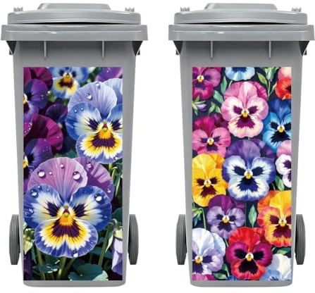 Peacoblue 2Pcs Wheelie Bin Stickers Pansy Flower for Dustbin Decorative | 82x38cm,rubbish Cover,Large Wraps,Waterproof,Funny Decals for Fridges Door,Wall,Garden Indoor Outdoor Patio Decor