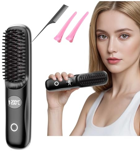 Cordless Hair Straightener Brush-Rechargeable Portable Heated Styling Brush with 3 Adjustable Heat Modes,LED Display,Fast Heating,Travel-Friendly Design for Daily Use at Home,Office&On the Go (Black)