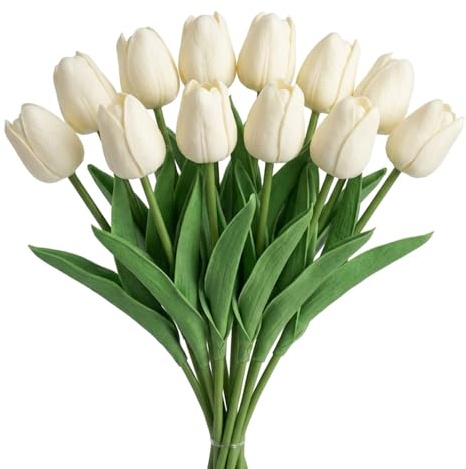 12 Pezzi Tulipani Artificiali Bianco Crema | Tulipani in Lattice Real Touch, Fiori Artificiali Bianchi Realistici Decoro | Bouquet Nuziale Vintage, Decoro Tavolo Soggiorno Minimalista, Stile Fattoria