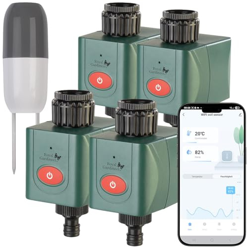 Royal Gardineer Smart Home Bewässerungen: 4er-Set WLAN-Bewässerungscomputer mit Bodensensor (Automatische Gartenbewässerungen, Bodenfeuchtesensor Garten, Gartenschlauch)