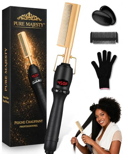 Peigne Chauffant Cheveux – Brosse Lissante Électrique – Lisseur Rapide Cheveux Crépus & Afro – Hot Comb Barbe –Peigne chauffant perruque-Température Réglable –Gants de protection & Protège-Oreilles