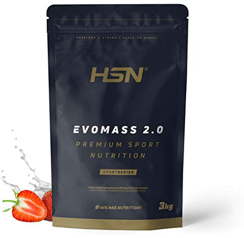 Batido de Carbohidratos y Proteínas Vegetariano de HSN Evomass 2.0 | Sabor Fresa 3 Kg = 30 Tomas por Envase | Whey Protein y Proteína de Leche | Textura Cremosa | No-GMO, Sin Gluten
