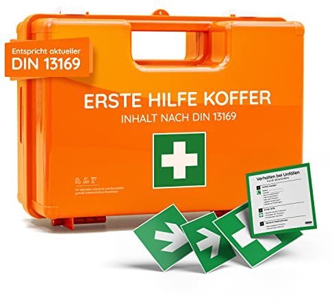 Erste Hilfe Koffer DIN 13169:2021 | Gefüllt, inkl. Wandhalterung und gratis Aufklebern | Erste Hilfe Kasten/Verbandkasten für Betriebe, Unternehmen, Einrichtungen und Zuhause