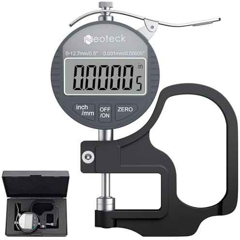 Neoteck Digital Thickness Gauge 0.5inch/12.7mm,0.00005inch/0.001mm LCD Display with Inch/MM Conversion One-Hand Quick Press Thickness Measuring Tool for Leather Paper Fabric Film etc.-Silver-Grey