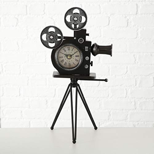Tischuhr Filmkamera Stativ Uhr Eisen schwarz H 52 cm