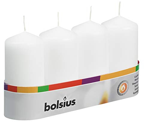 Bolsius Pillar Candles - White - Pack of 4 - Long Burning Time of 20 Hours - Household - Interior Decoration - Non Drip - Unscented - Easy to Relight - Paraffin Wax - 100 x 50 mm
