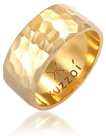 Kuzzoi Herrenring vergoldet Hammerschlag Design Bandring 10 mm 925 Silber | 925 Sterling Silber Silberring goldfarben gehämmert Ring für Männer im Biker Look Ringgröße 60 - 66