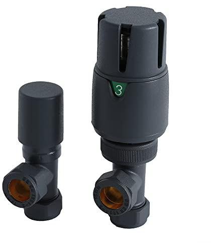 MILANO Anthracite Angled Thermostatic Heated Towel Rail Radiator Valves