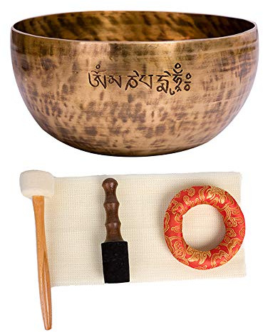 Stor 20 cm fullmåne tibetansk meditationsskål set med filtpinnar, kudde, tränät, 7 metalltyper, kan producera vibrationsresonans, handgjord i Nepal