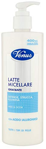 Venus, Latte Micellare Idratante con Acido Ialuronico, Deterge, Strucca e Illumina, Tutti i Tipi di Pelle, Viso e Occhi, 400 ml