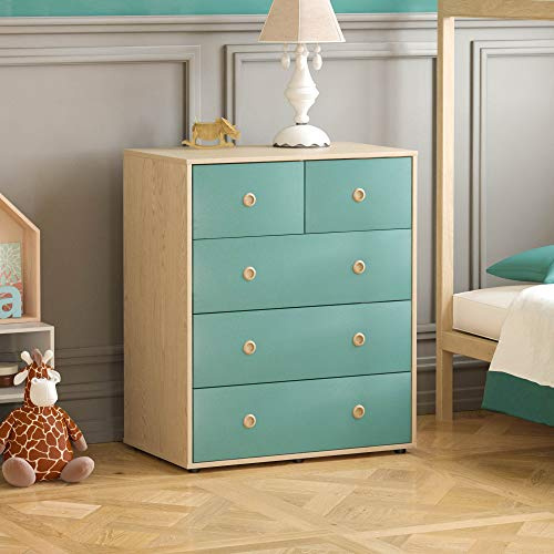 Junior Vida Neptune Commode à 5 tiroirs de Rangement Moderne pour Chambre d'enfant (Bleu et chêne)