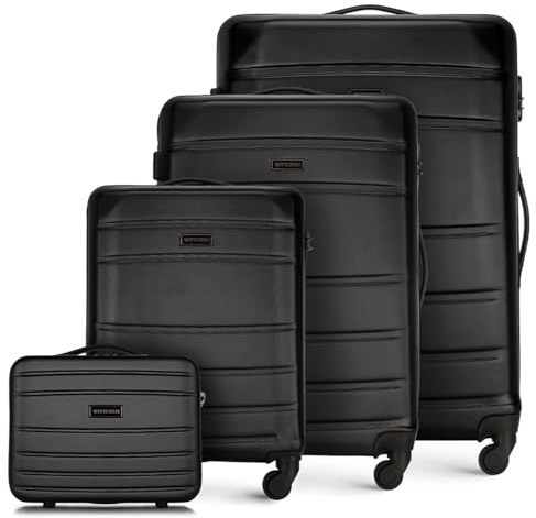 WITTCHEN Globe Line Reisekoffer 4teiliges Kofferset Rollkoffer Trolley Handgepäck Hartschale aus ABS 4 Rollen Zahlenschloss Teleskopgriff Schwarz Lufthansa/Eurowings/Ryanair/Condor/DiscoverAirlines