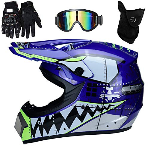 UIGJIOG Casco Motocross,4Pcs Juego De Casco De Moto + Gafas + Guantes De Motocicleta + Mascarilla, para Hombre Mujer, Adulto Motocross Casco,Azul,L(56~57cm)
