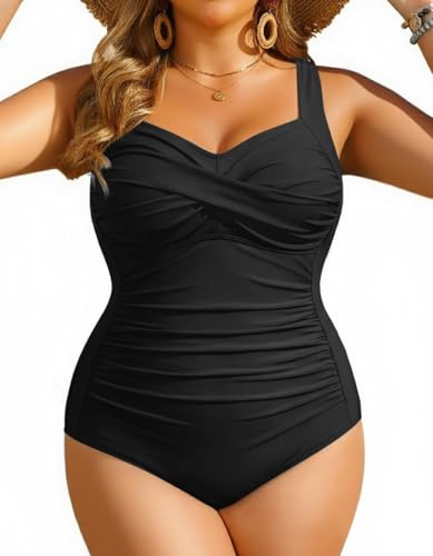 Yonique Women Plus Size One Piece Swimsuits Tummy Control Bathing Suits Twist Front Ruched Swimwear Black 16W