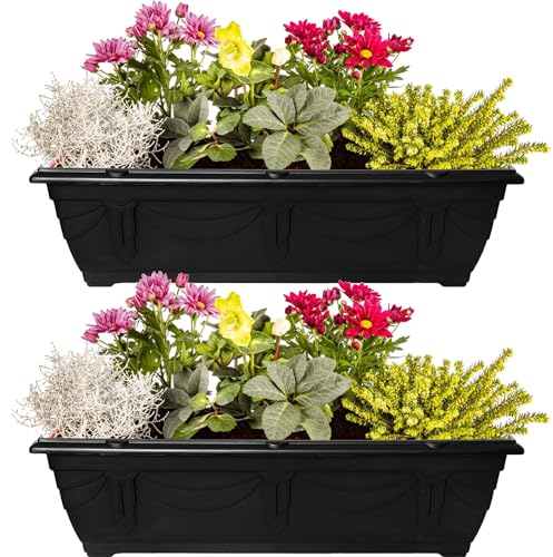 VR7 Macetas de jardín de 60 cm de largo con bandejas, paquete de 2 macetas de plástico duradero para plantar ventanas elevadas, ideal para flores, hierbas y verduras (negro, sin bandejas)