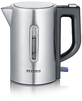 SEVERIN Reise-Wasserkocher-Set, Mini-Reisewasserkocher für 0,5 L, elektrischer Wasserkocher mit 2 Kunststofftassen & 2 Löffeln, Edelstahl-gebürstet/schwarz, WK 3647