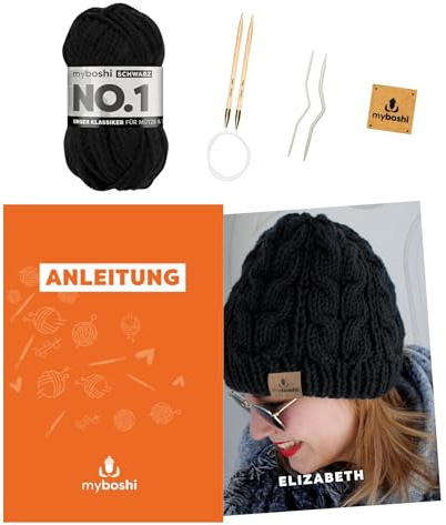 myboshi Strickset Mütze Elizabeth für Fortgeschrittene, inkl. No.1 Wolle, Nadeln, Anleitung, Label, Strickpaket, 70% Polyacryl, 30% Wolle (Merinowolle) Schwarz, mit Rundstricknadel