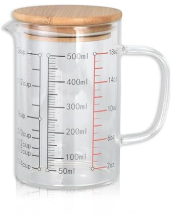Verre doseur, Pot de mesure verres bécher tasse, Verre à mesurer cuisine, grande tasse à mesurer en verre avec poignée et couvercle clair gradué bécher tasse pour cuisine Restaurant(02)